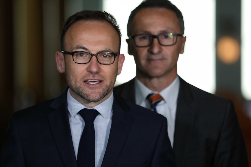 Richard Di Natale stands behind Adam Bandt as he addresses the media