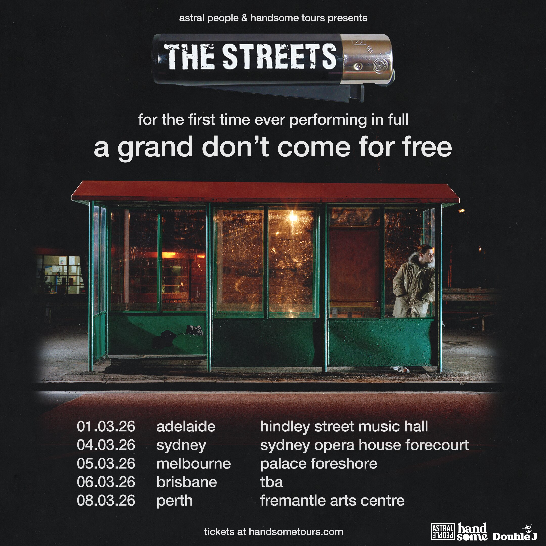Concert poster for The Streets showing an empty, illuminated bus stop at night and a lighter, the streets logo.