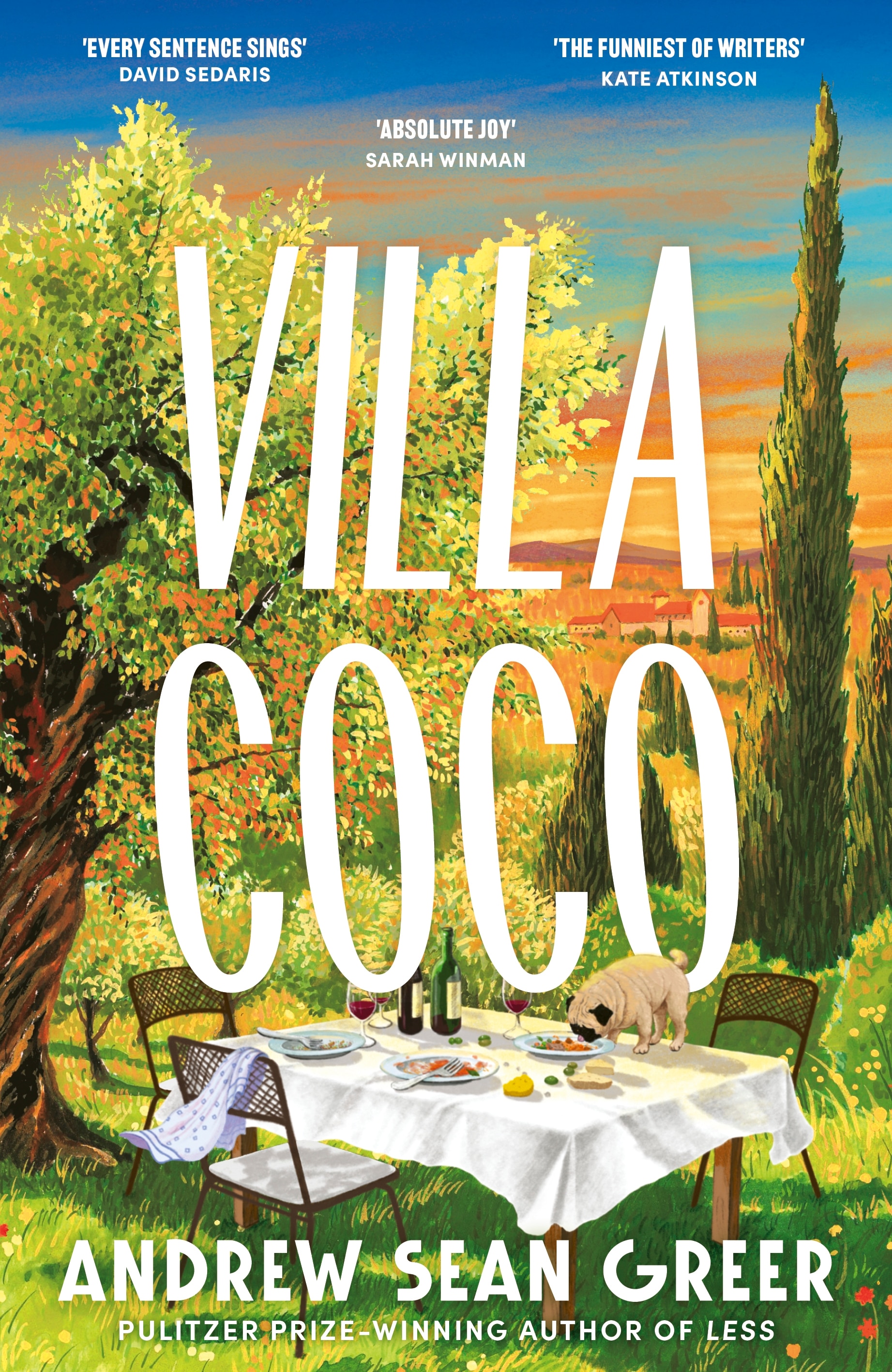 An illustration of a colourful Tuscan villa and garden forms the book cover for Villa Coco by Andrew Sean Greer