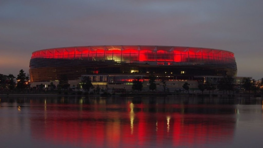The Perth Stadium puts on a light and sound show.