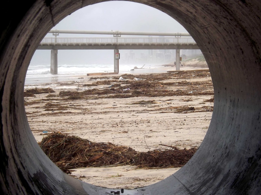 Storm debris covers Main Beach on the Gold Coast.