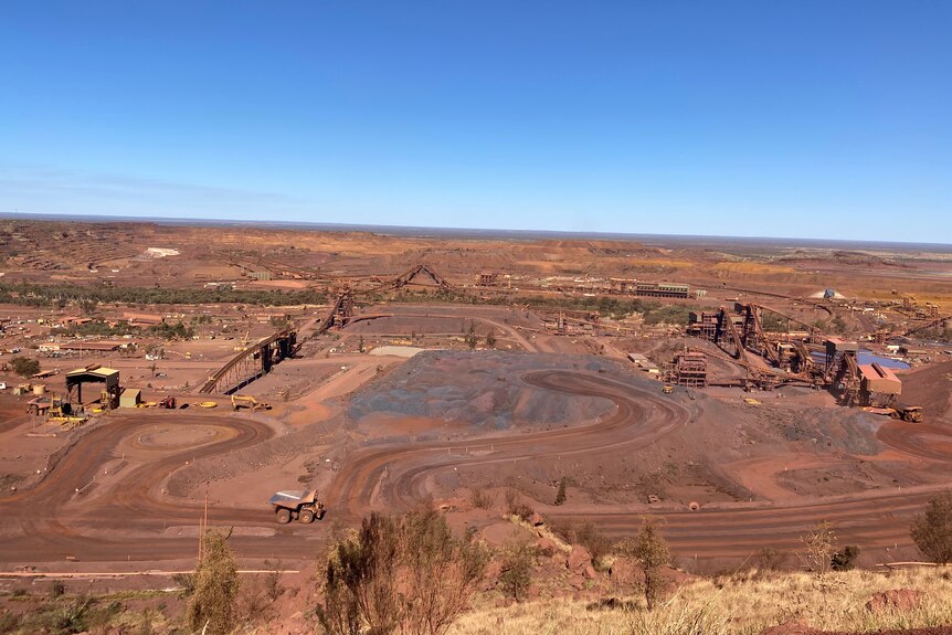 BHP's Mt Whaleback mine seen from a hill above the pit.