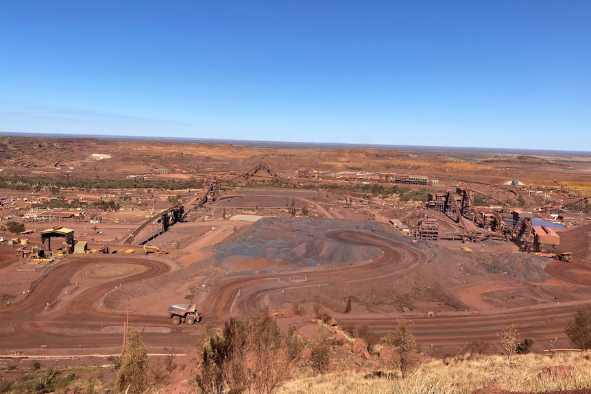 BHP's Mt Whaleback mine seen from a hill above the pit.