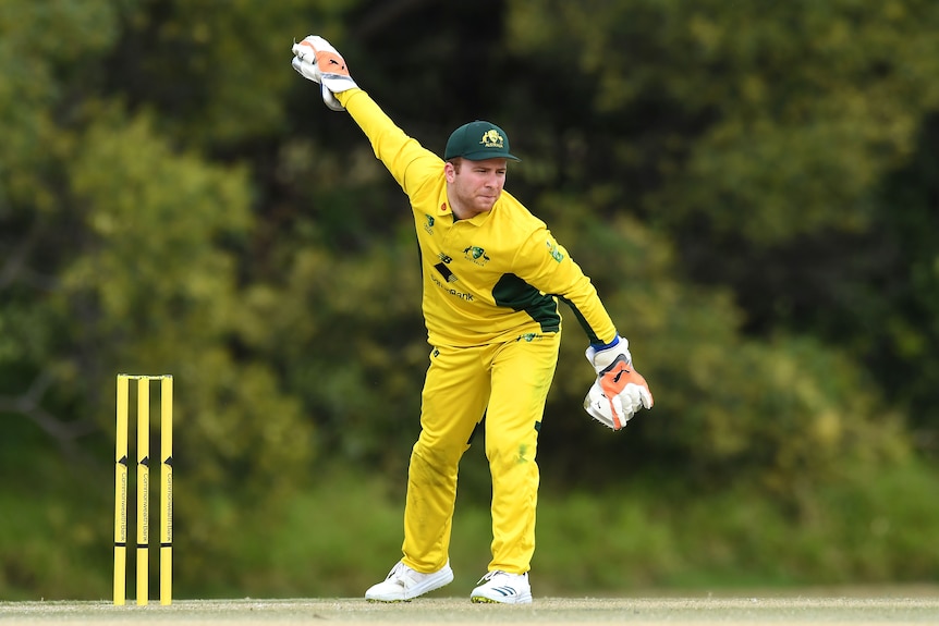 Steffan Nero wicketkeeps for Australia in Brisbane during the Cricket Inclusion Series 