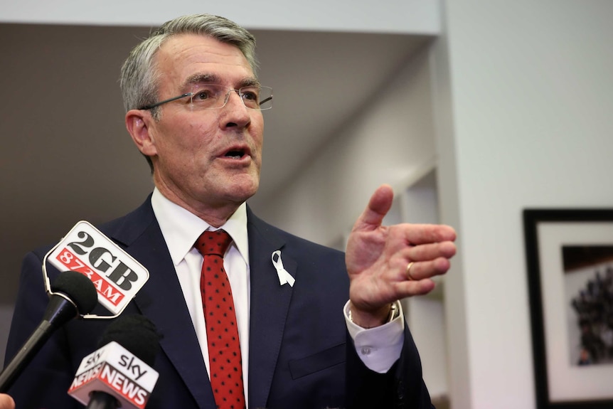 Mark Dreyfus, with a 2GB microphone hovering near his face, gestures with his left hand as he talks to reporters.