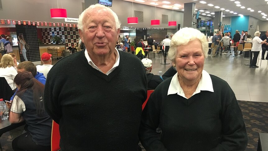 Trainers John and Wendy Brown standing in the entertainment area at Wentworth Park race track.