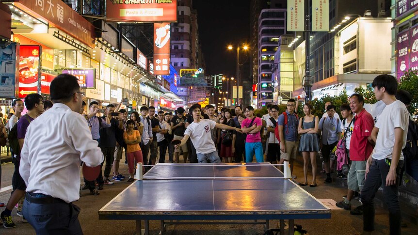 Hong Kong protesters play ping-pong at Mong Kok