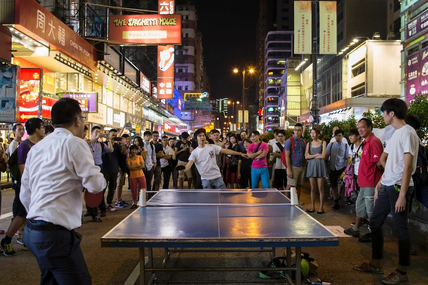 Hong Kong protesters play ping-pong at Mong Kok