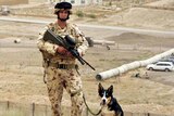 Sapper Darren Smith with his explosive detection dog Herbie at Multinational Base at Tarin Kowt