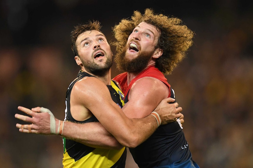 Richmond's Toby Nankervis (L) and Melbourne's Jake Spencer contest the ball at the MCG.