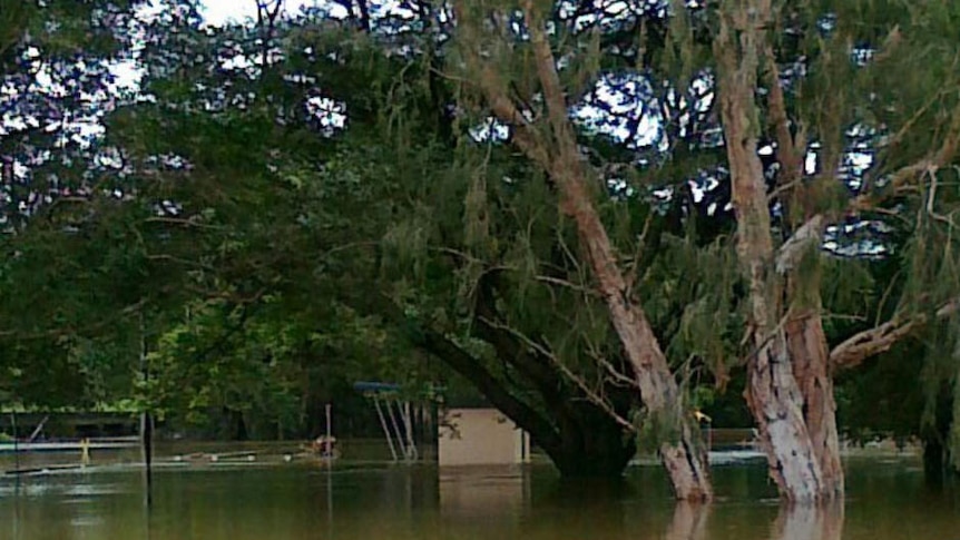 Freshwater Creek in Cairns floods, cutting off roads.