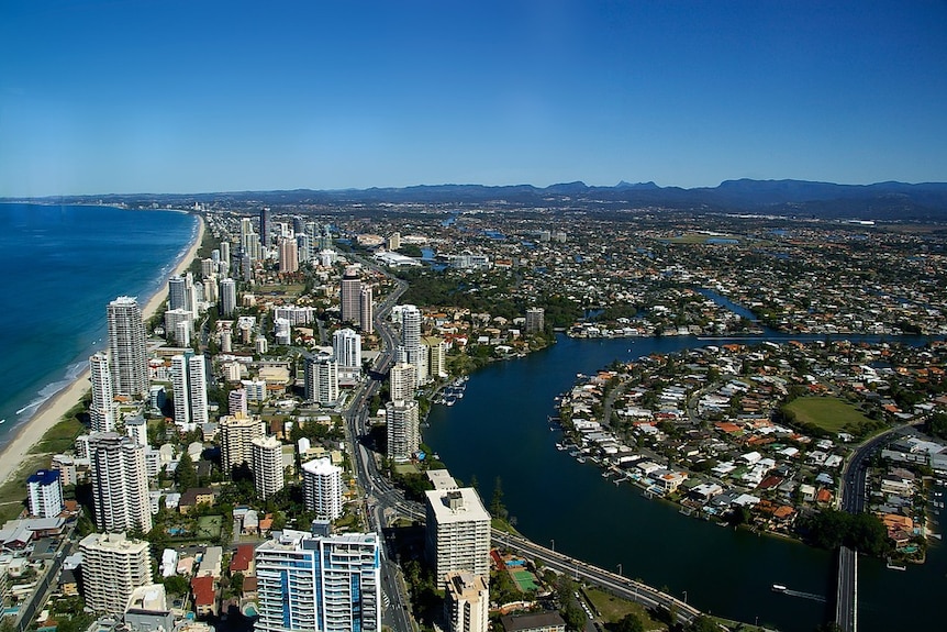 Aerial shot looking south from north of Surfers Paradise to Broadbeach and beyond, showing lots of highrise buildings