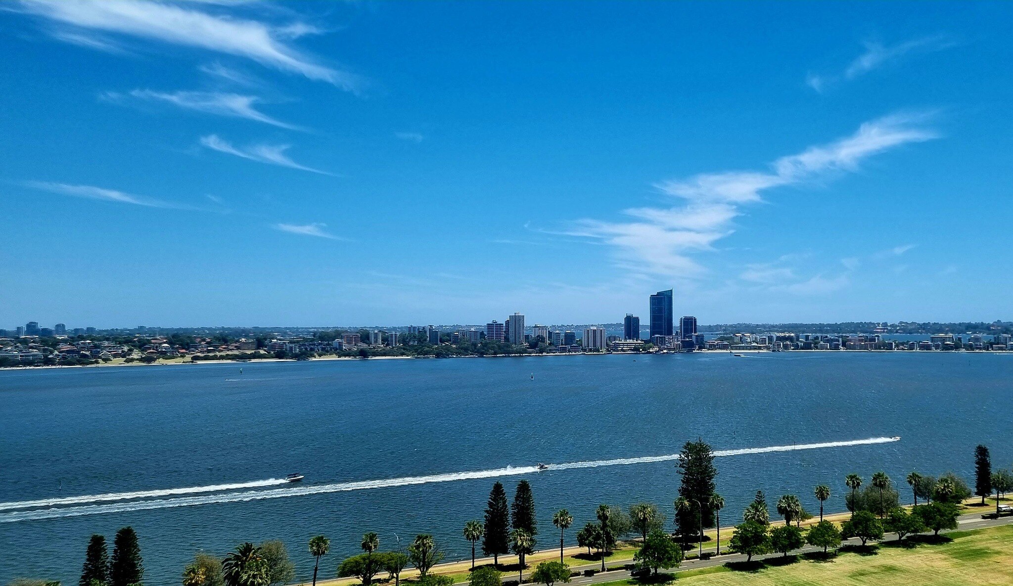 An image of expansive blue sea in Perth, with blue skies and trees dotted along the clifftops on a hot day.