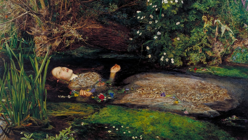 Painting of woman with pale skin and auburn hair lying in water surrounded by flowers, apparently dead.