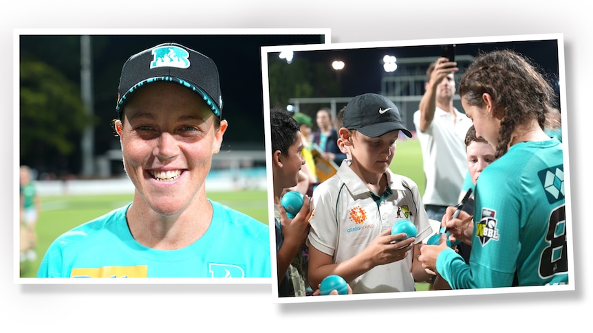 A collage of a woman with a cap on smiling and a woman signing a kids ball.