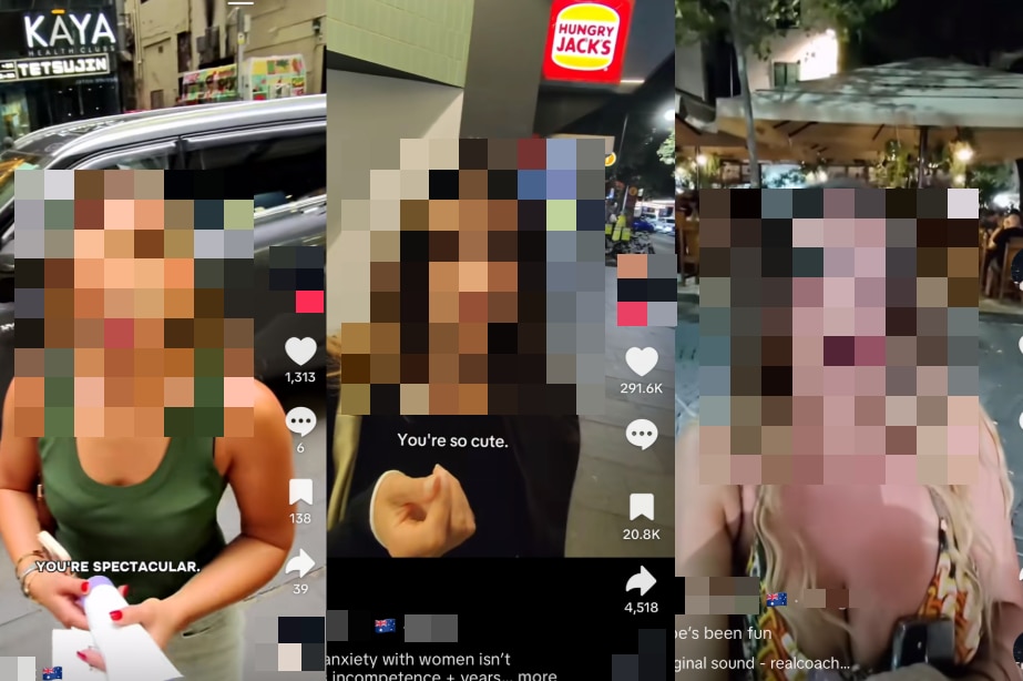 Three pixelated screenshots of women on the street. The images were taken by smart glasses worn by a '[ick up artist'