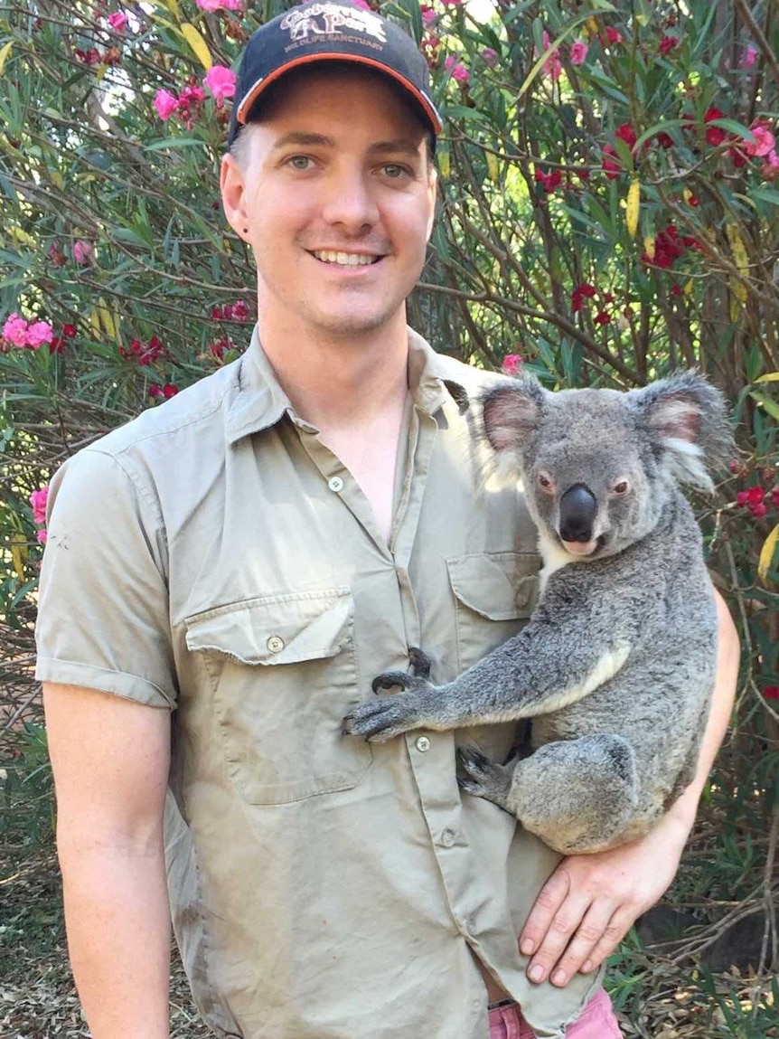 Man holds koala and smiles