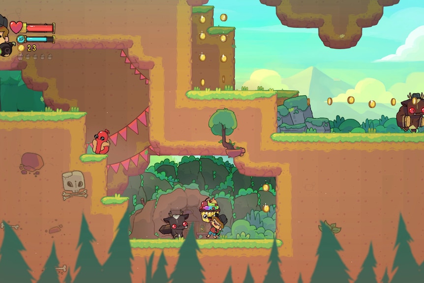 Brightly-coloured animated cell showing cartoon-like characters within a leveled game environment set outdoors.