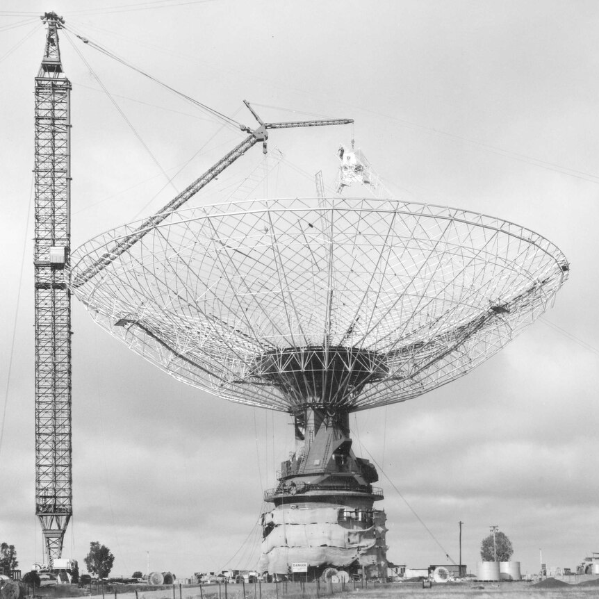 A black and white photo of the Parkes Dish skeleton under construction