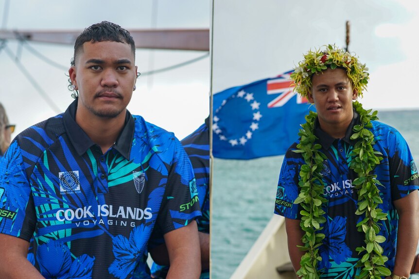 Two young men have their photo taken on the canoe they're about to set sail on to Hawai'i.
