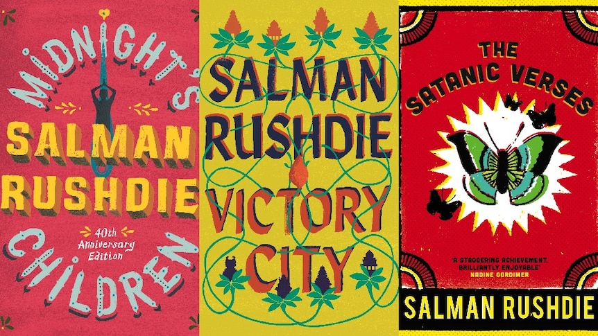 three of Salman Rushdie's novels in a row: Midnight's Children, Victory City, The Satanic Verses