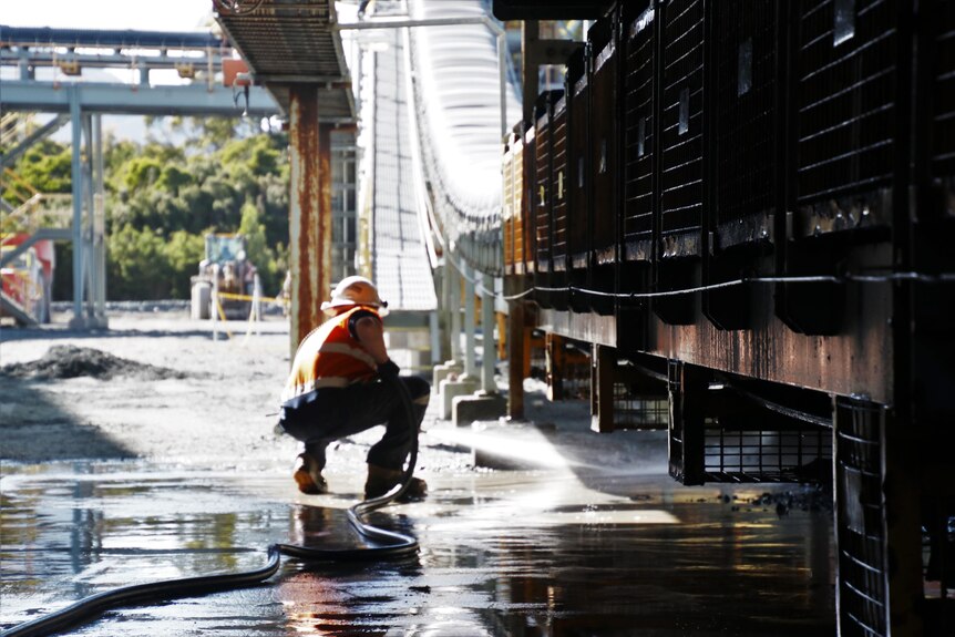 Man dressed in high-vis gear hoses down industrial conveyor belt