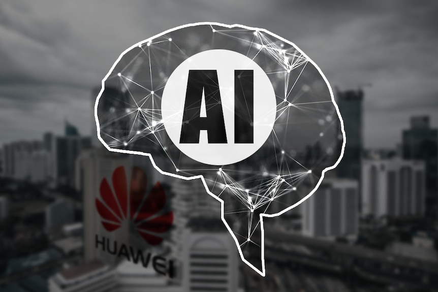 A graphic shows the letters AI inside a brain with a Huawei logo in the background and a city.