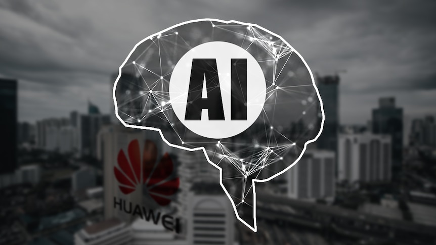 A graphic shows the letters AI inside a brain with a Huawei logo in the background and a city.