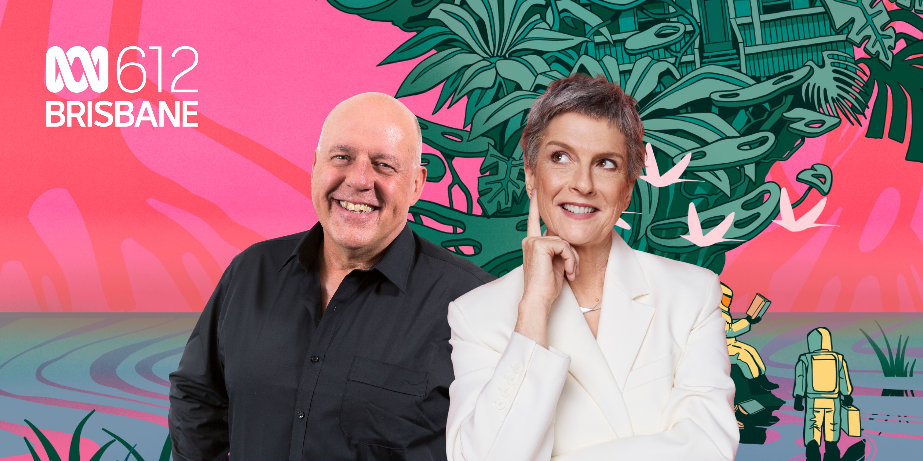 Steve Austin and Ellen Fanning standing in front of the pink and teal design of BWF 2026.