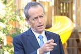 Opposition Leader Bill Shorten speaks to the media with a playground behind him.