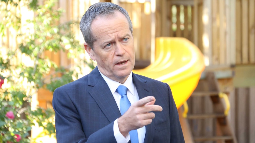 Opposition Leader Bill Shorten speaks to the media with a playground behind him.