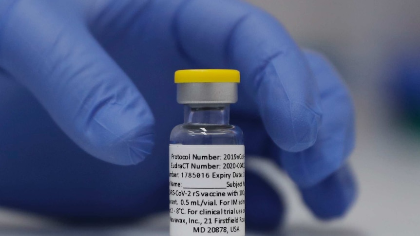 A vial of the Phase 3 Novavax coronavirus vaccine