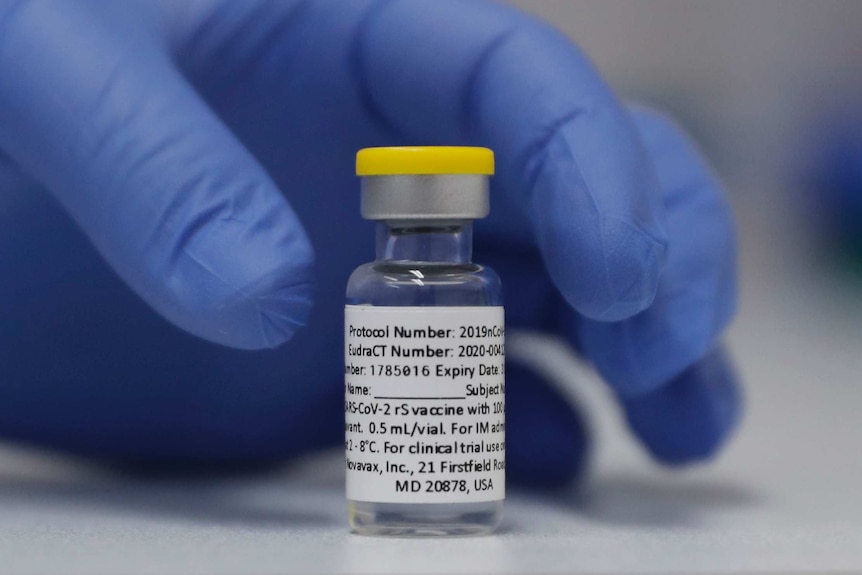 A vial of the Phase 3 Novavax coronavirus vaccine