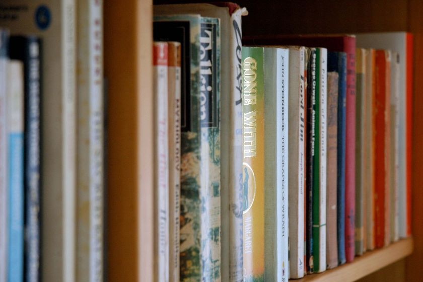 Books sit on a shelf, October 2008.