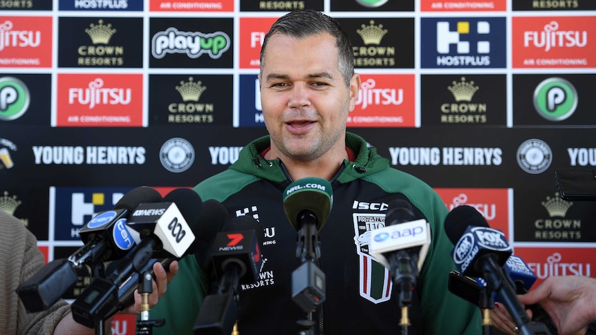 South Sydney Rabbitohs NRL coach Anthony Seibold speaks to the media in Sydney in September 2018.