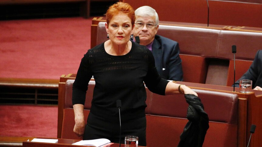 Pauline Hanson removes her burqa in the Senate chamber