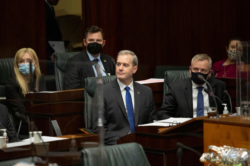 A group of people sit in parliament with face masks on.