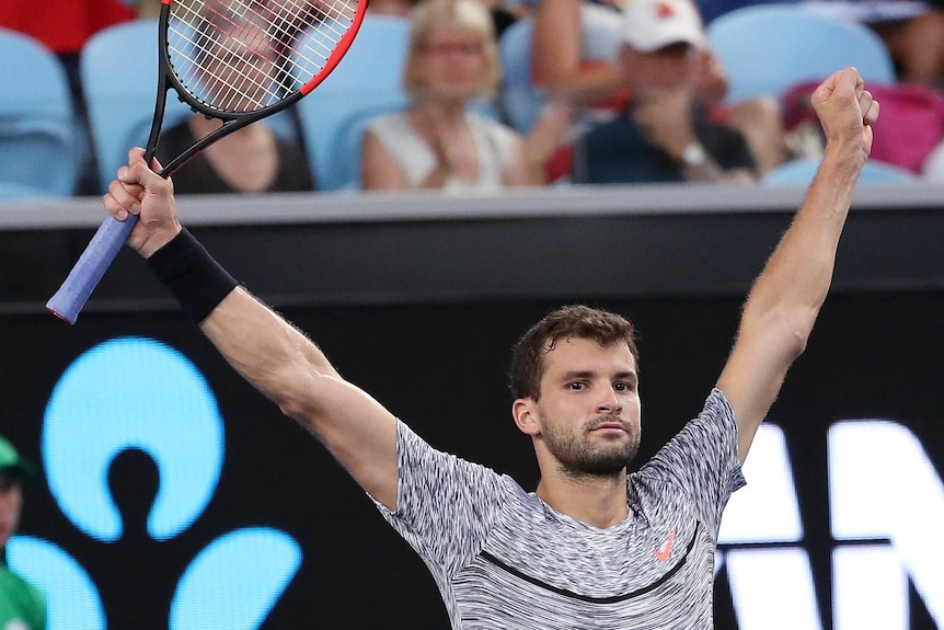 Bulgaria's Grigor Dimitrov celebrates his win over Uzbekistan's Denis Istomin at Australian Open.