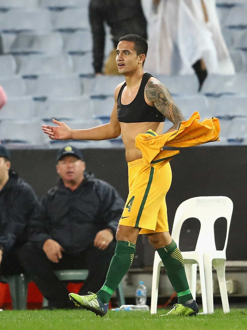 Tim Cahill looks bemused after having a goal overturned against Greece