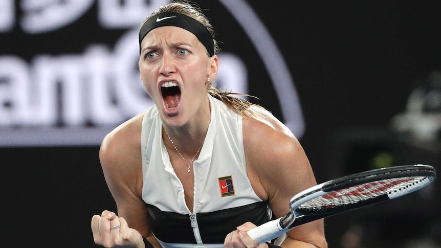 Petra Kvitova screams out as she celebrates wnning the first set against Danielle Collins.