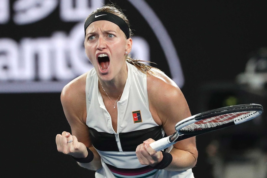 Petra Kvitova screams out as she celebrates wnning the first set against Danielle Collins.