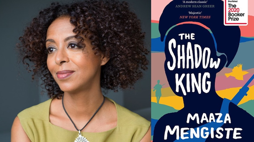 Left: An Ethiopian-American woman with chin-length hair, in a green dress and silver necklace. Right: The Shadow King cover