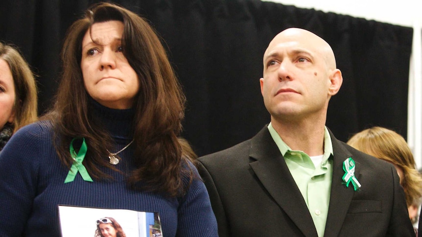 Jennifer Hensel (left) and Jeremy Richman attend the launch of The Sandy Hook Promise in Connecticut.
