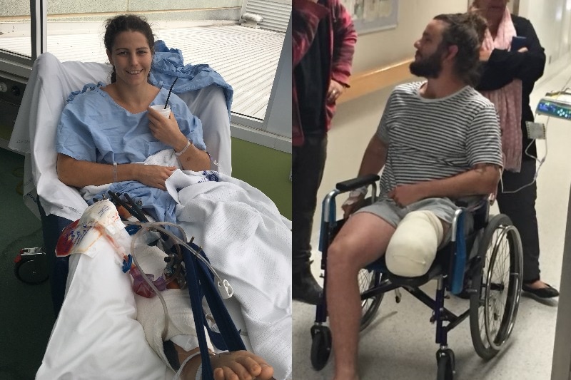 A composite picture of a woman and a man in hospital.