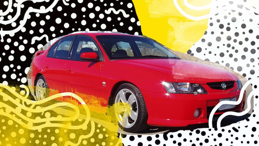 A red Holden Commodore surrounded by digital art in yellow, black and white.