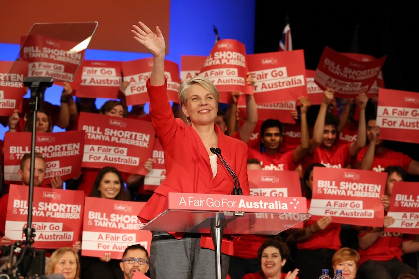 Tanya Plibersek waves at a lectern, surrounded by Labor supporters in red
