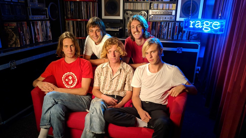 Berlin-based band Parcels looking relaxed and happy on the Rage couch