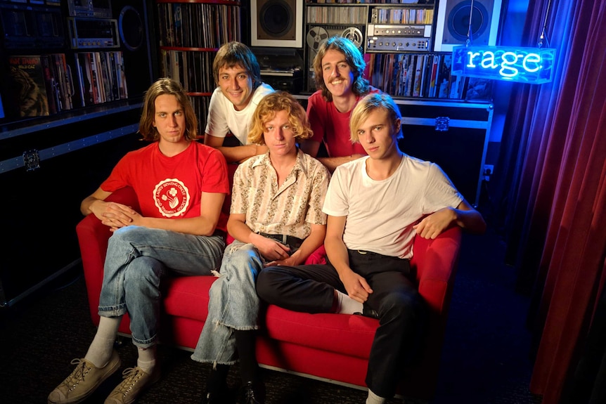 Berlin-based band Parcels looking relaxed and happy on the Rage couch