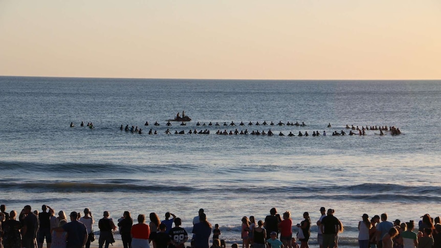 Surfers pay tribute in the water off Singleton Beach.