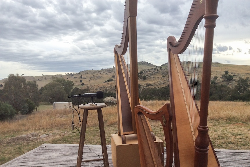 Two large and one small harps sitting on a wooden platform with a microphone recording them with country hills in the background